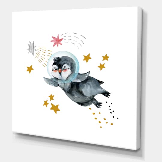 Designart - Little Penguin Flying Stars and Planets I - Farmhouse Canvas Wall Art Print